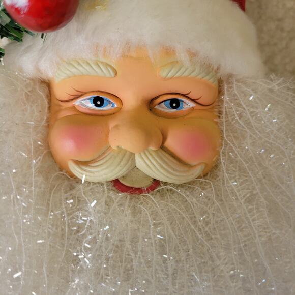 Vintage Lg Santa Face Ornament Velvet Cap Jingle Bell Greenery Door Wall Tree - Picture 2 of 13